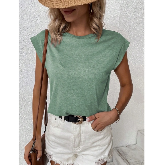 Green Crew Neck Muscle Tee Top Shirt Cap Sleeve, Round Neck - Picture 5 of 7